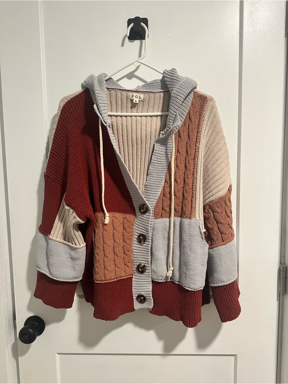 POL Patchwork Hooded Cardigan in Rust, Cream & Light Gray